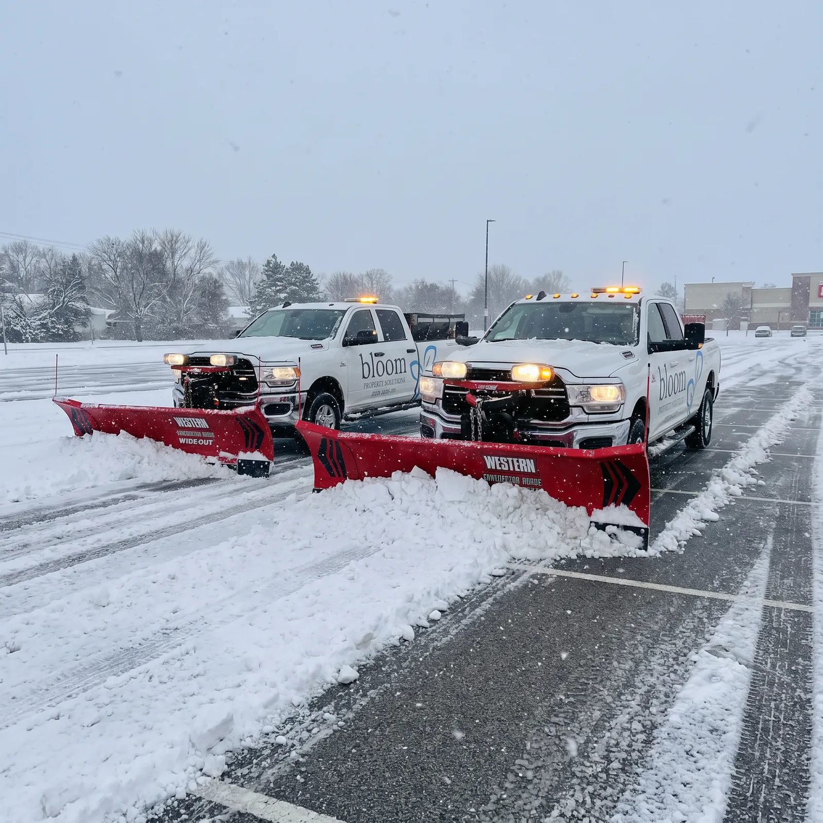 Bloom snow plow trucks in active commercial winter service